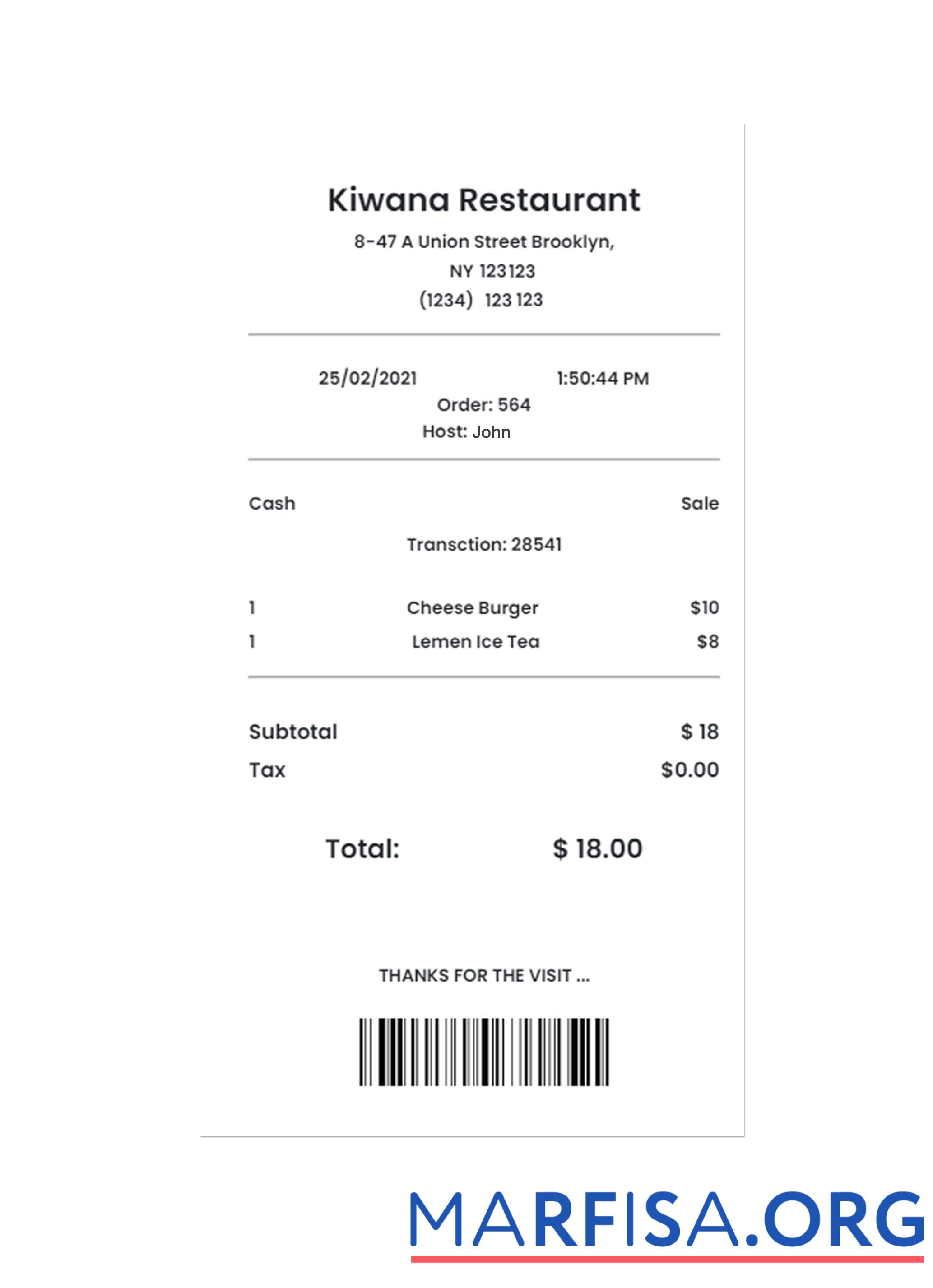 Blank KIWANA RESTAURANT payment check example